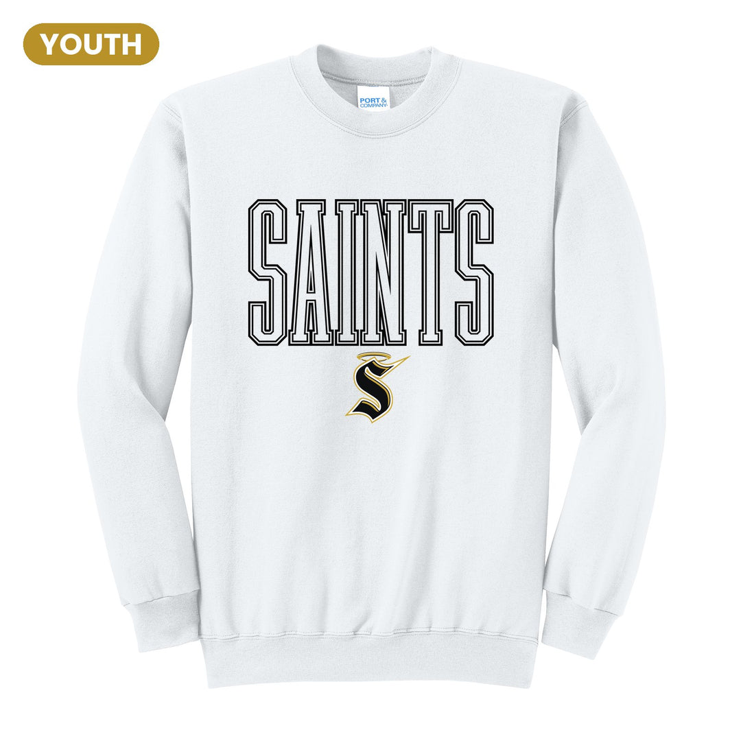 Berks Catholic Saints Outline Saints youth crewneck sweatshirt in White: outlined SAINTS lettering over the halo S