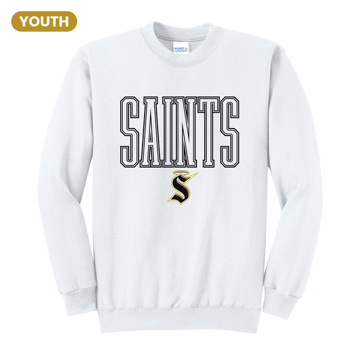 Berks Catholic Saints Outline Saints youth crewneck sweatshirt in White: outlined SAINTS lettering over the halo S