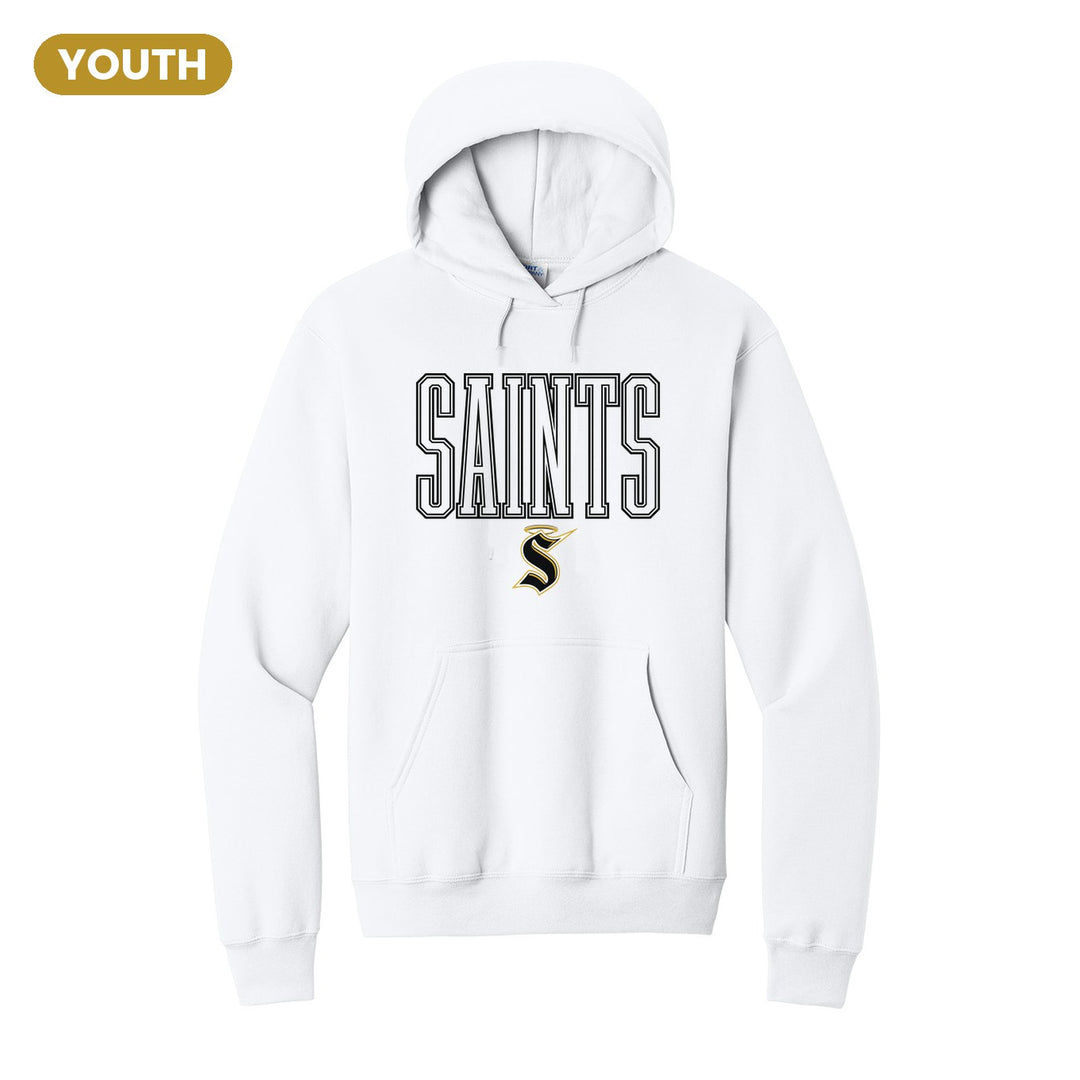 Berks Catholic Saints Outline Saints youth hoodie in White: outlined SAINTS lettering over the halo S