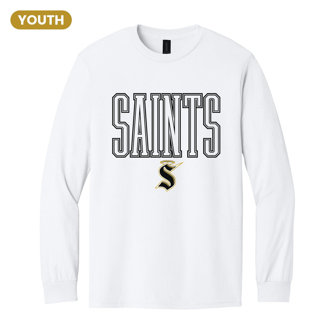 Berks Catholic Saints Outline Saints youth long sleeve t-shirt in White: outlined SAINTS lettering over the halo S