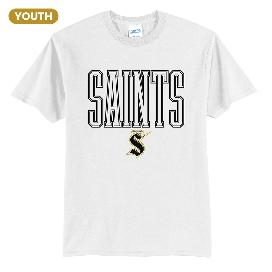 Berks Catholic Saints Outline Saints youth t-shirt in White: outlined SAINTS lettering over the halo S