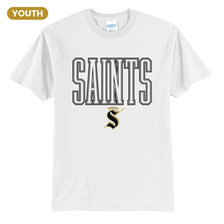 Berks Catholic Saints Outline Saints youth t-shirt in White: outlined SAINTS lettering over the halo S