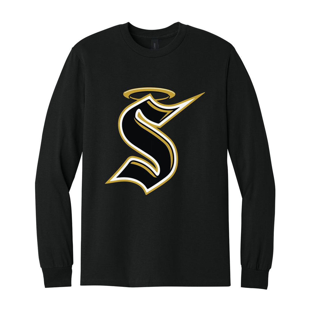 Berks Catholic Saints Halo S long sleeve t-shirt in Black: the big halo S monogram