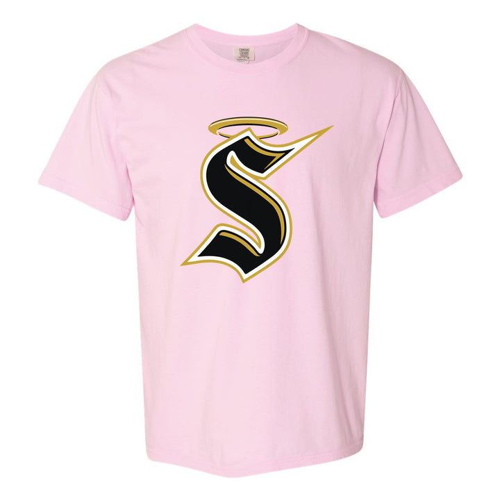 Berks Catholic Saints Halo S comfort colors t-shirt in Blossom: the big halo S monogram