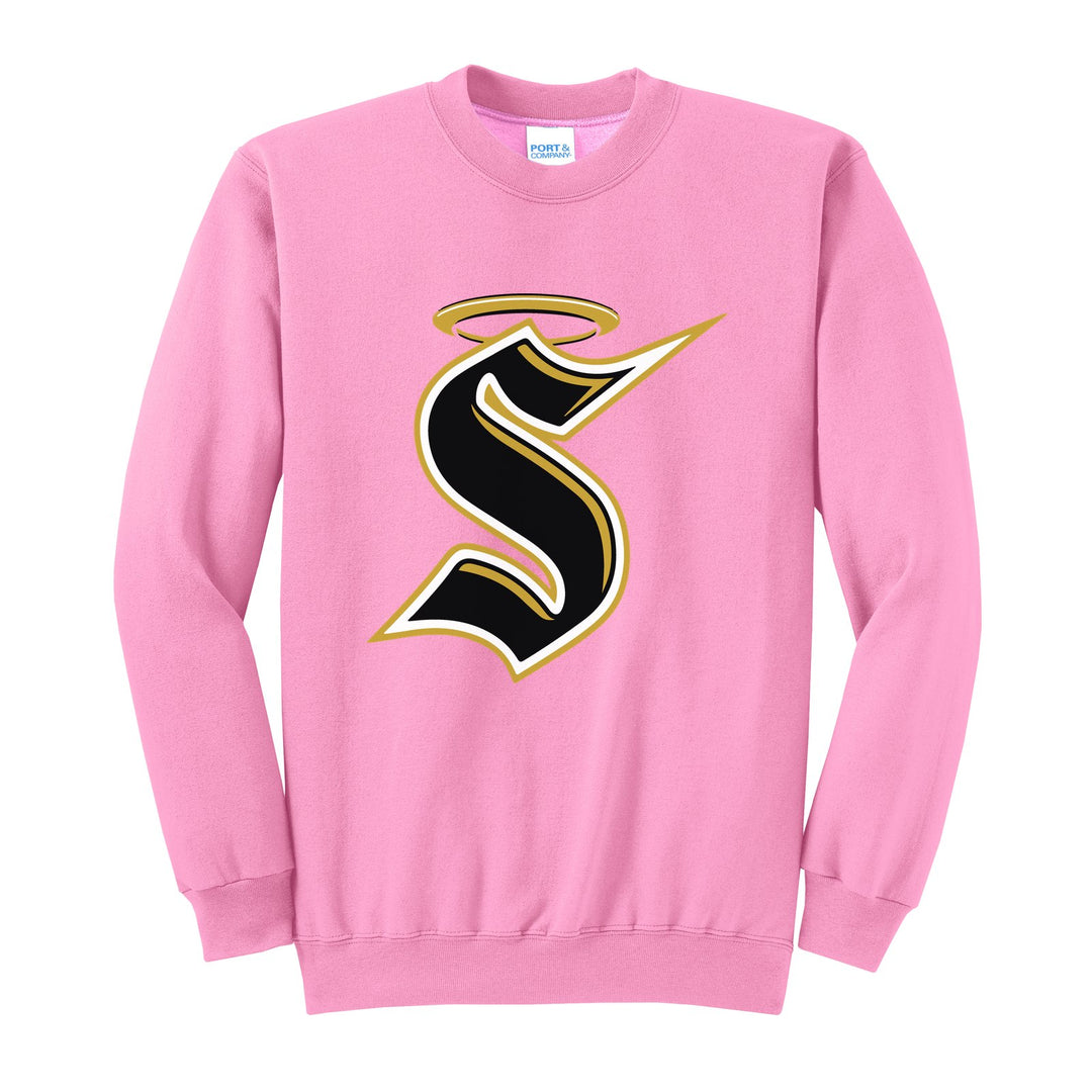 Berks Catholic Saints Halo S crewneck sweatshirt in Candy Pink: the big halo S monogram