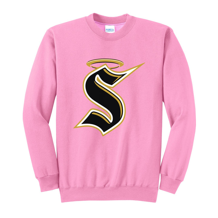 Berks Catholic Saints Halo S crewneck sweatshirt in Candy Pink: the big halo S monogram