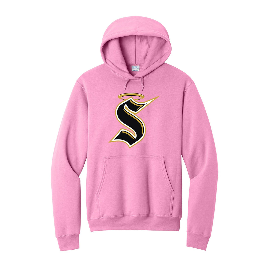 Berks Catholic Saints Halo S hoodie in Candy Pink: the big halo S monogram