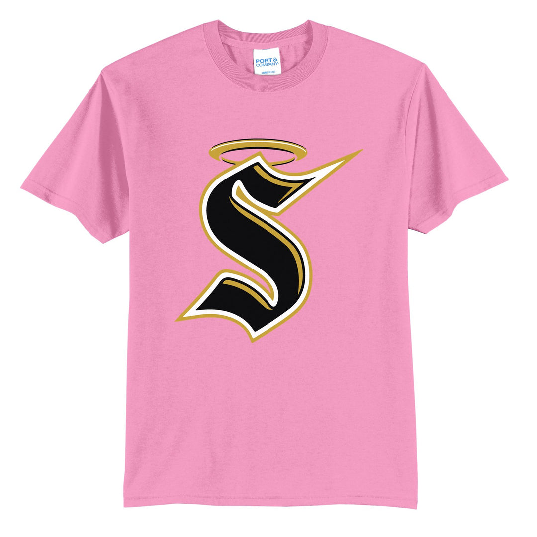 Berks Catholic Saints Halo S t-shirt in Candy Pink: the big halo S monogram