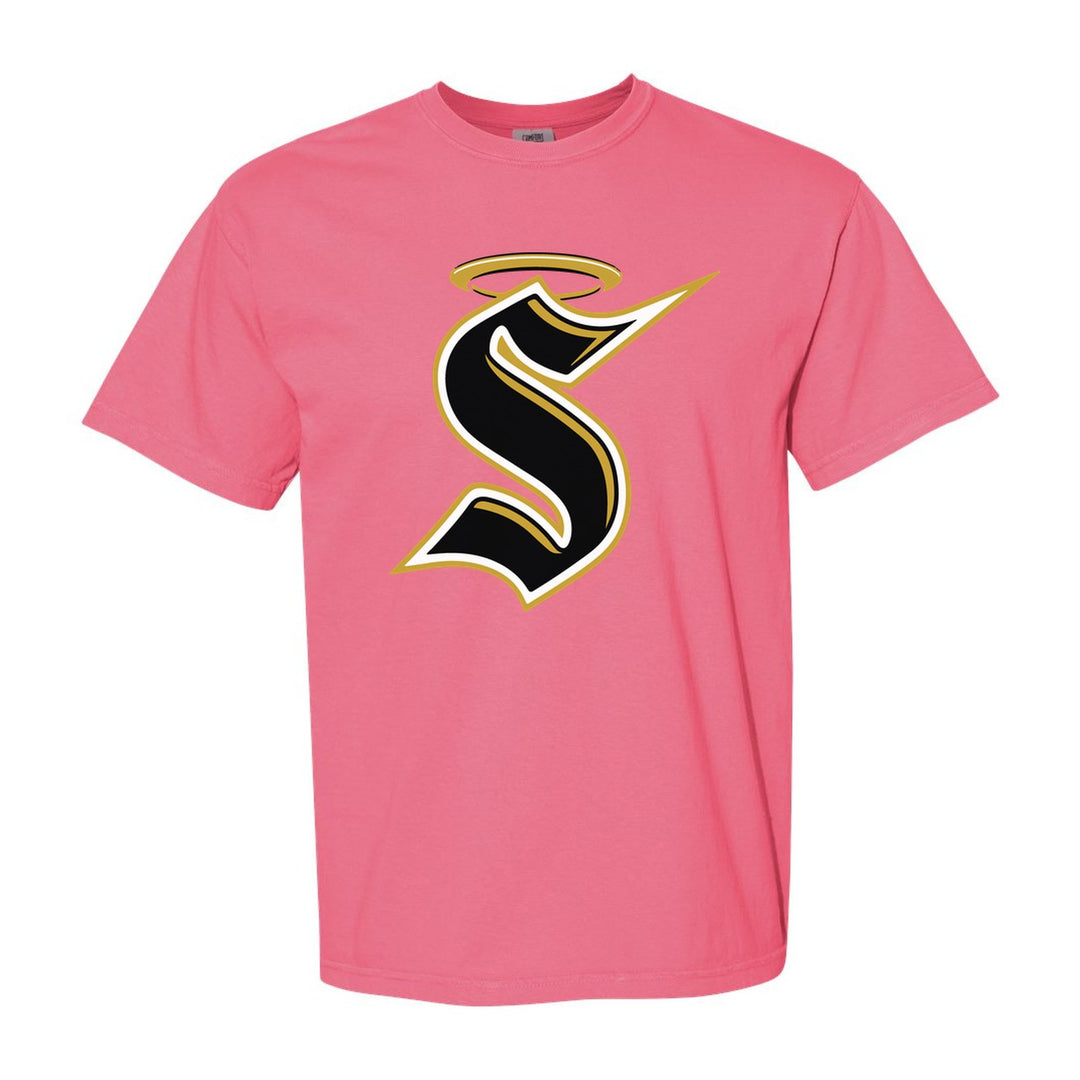 Berks Catholic Saints Halo S comfort colors t-shirt in Crunchberry: the big halo S monogram