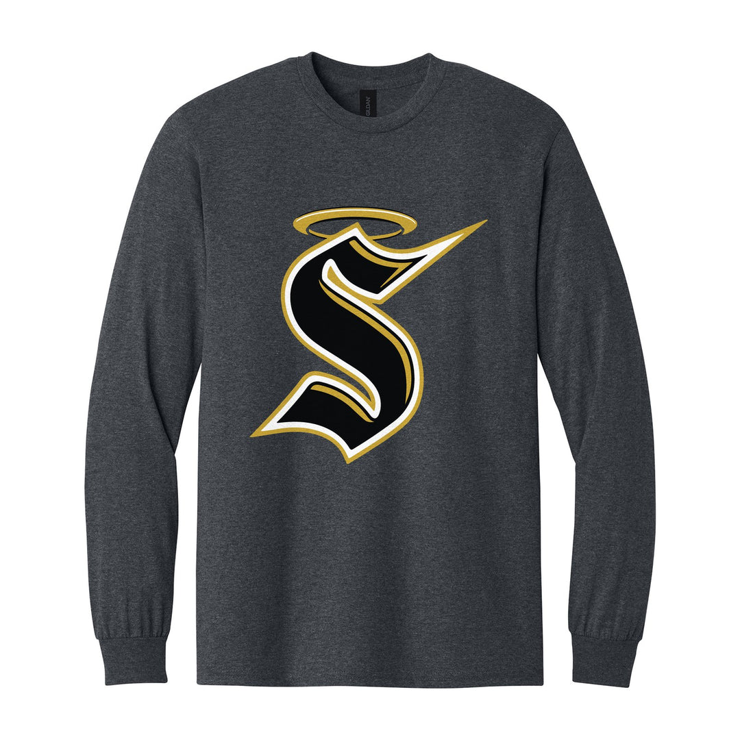 Berks Catholic Saints Halo S long sleeve t-shirt in Dark Heather: the big halo S monogram