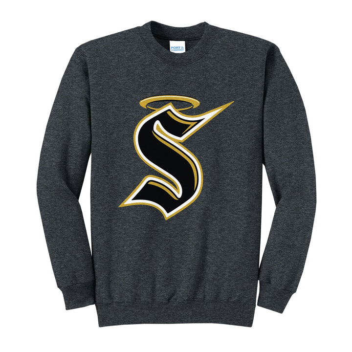 Berks Catholic Saints Halo S crewneck sweatshirt in Dark Heather Grey: the big halo S monogram