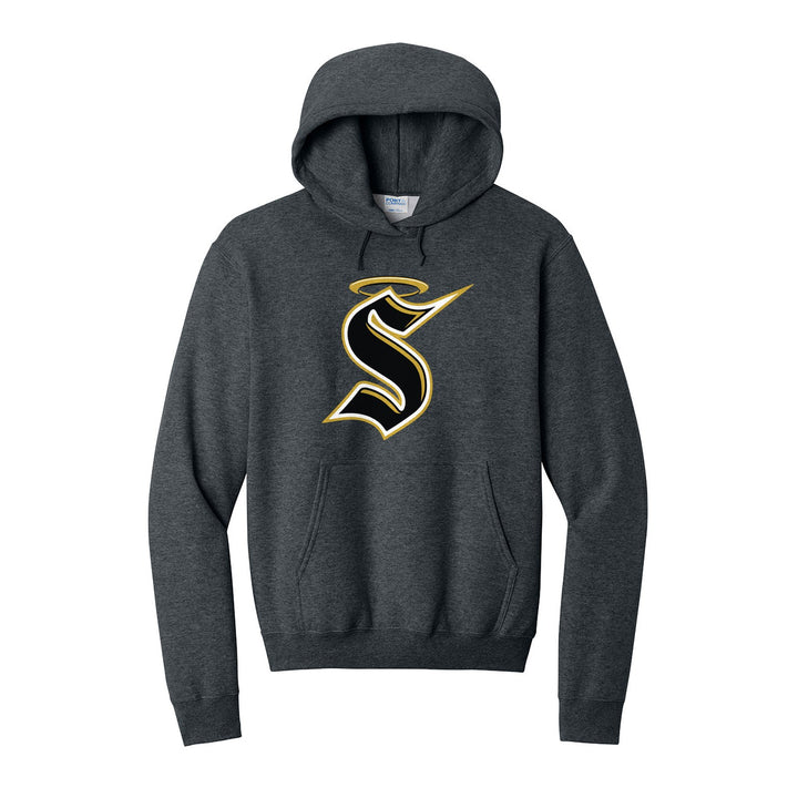 Berks Catholic Saints Halo S hoodie in Dark Heather Grey: the big halo S monogram