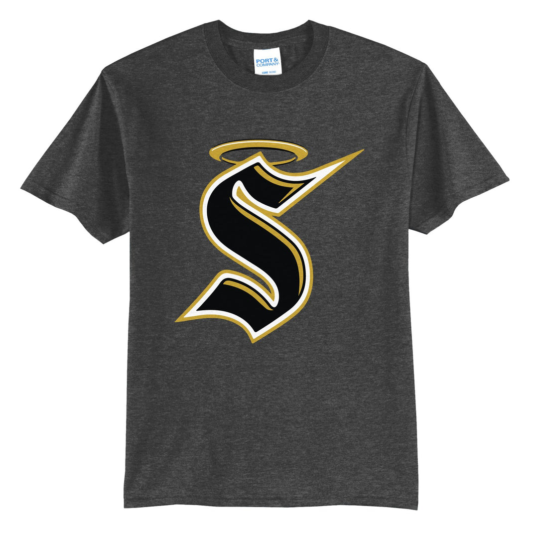 Berks Catholic Saints Halo S t-shirt in Dark Heather Grey: the big halo S monogram