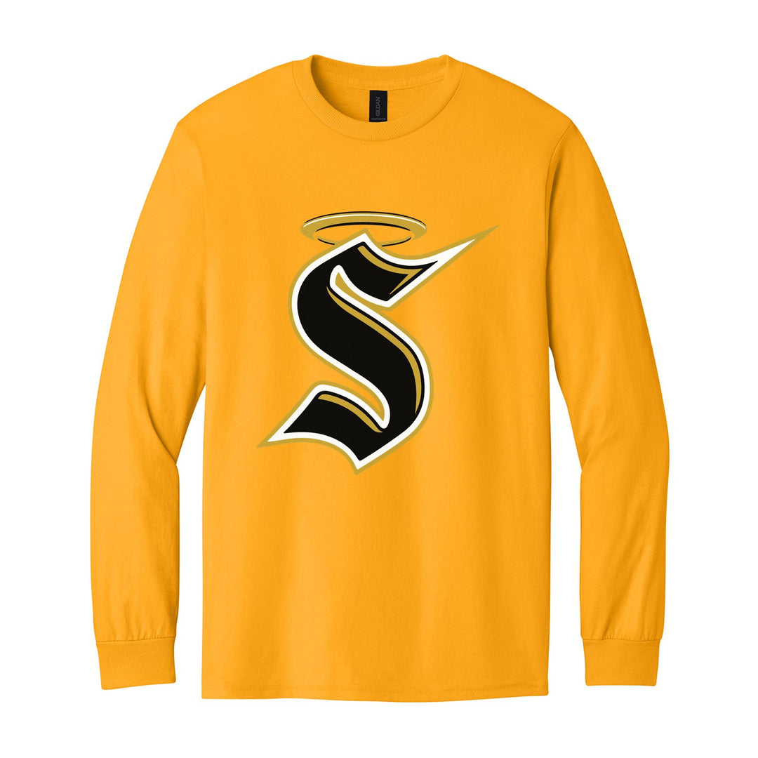 Berks Catholic Saints Halo S long sleeve t-shirt in Gold: the big halo S monogram