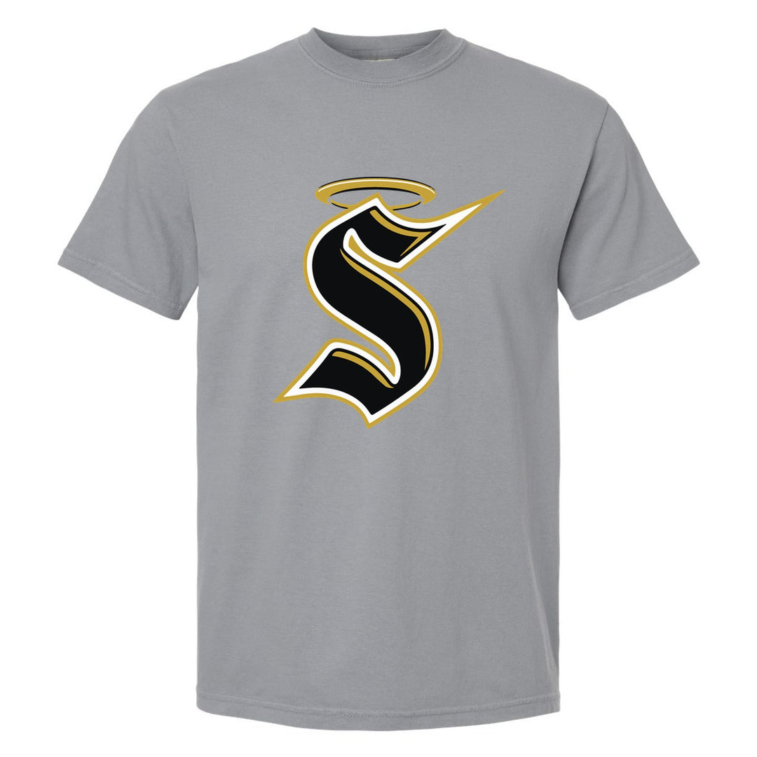 Berks Catholic Saints Halo S comfort colors t-shirt in Granite: the big halo S monogram