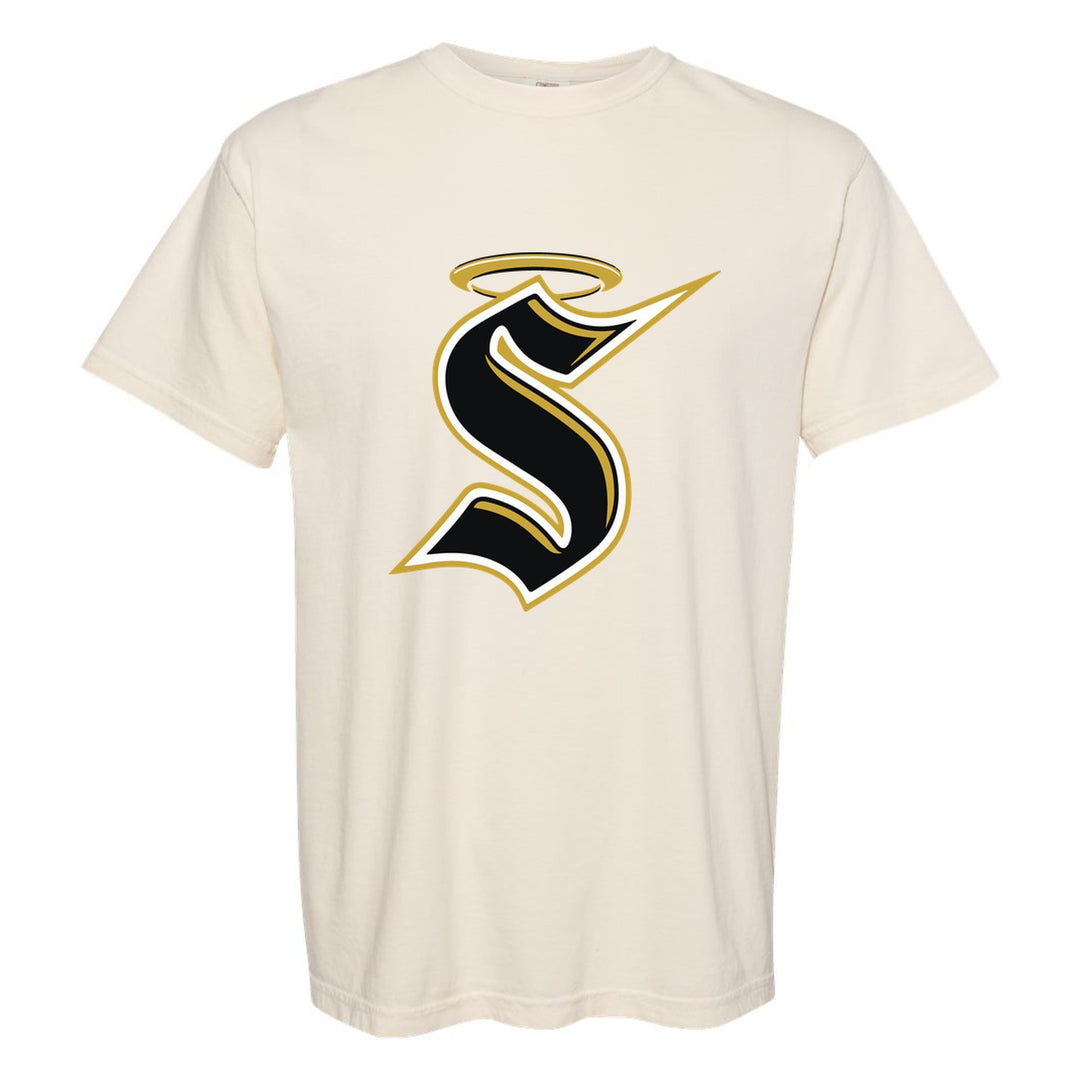 Berks Catholic Saints Halo S comfort colors t-shirt in Ivory: the big halo S monogram