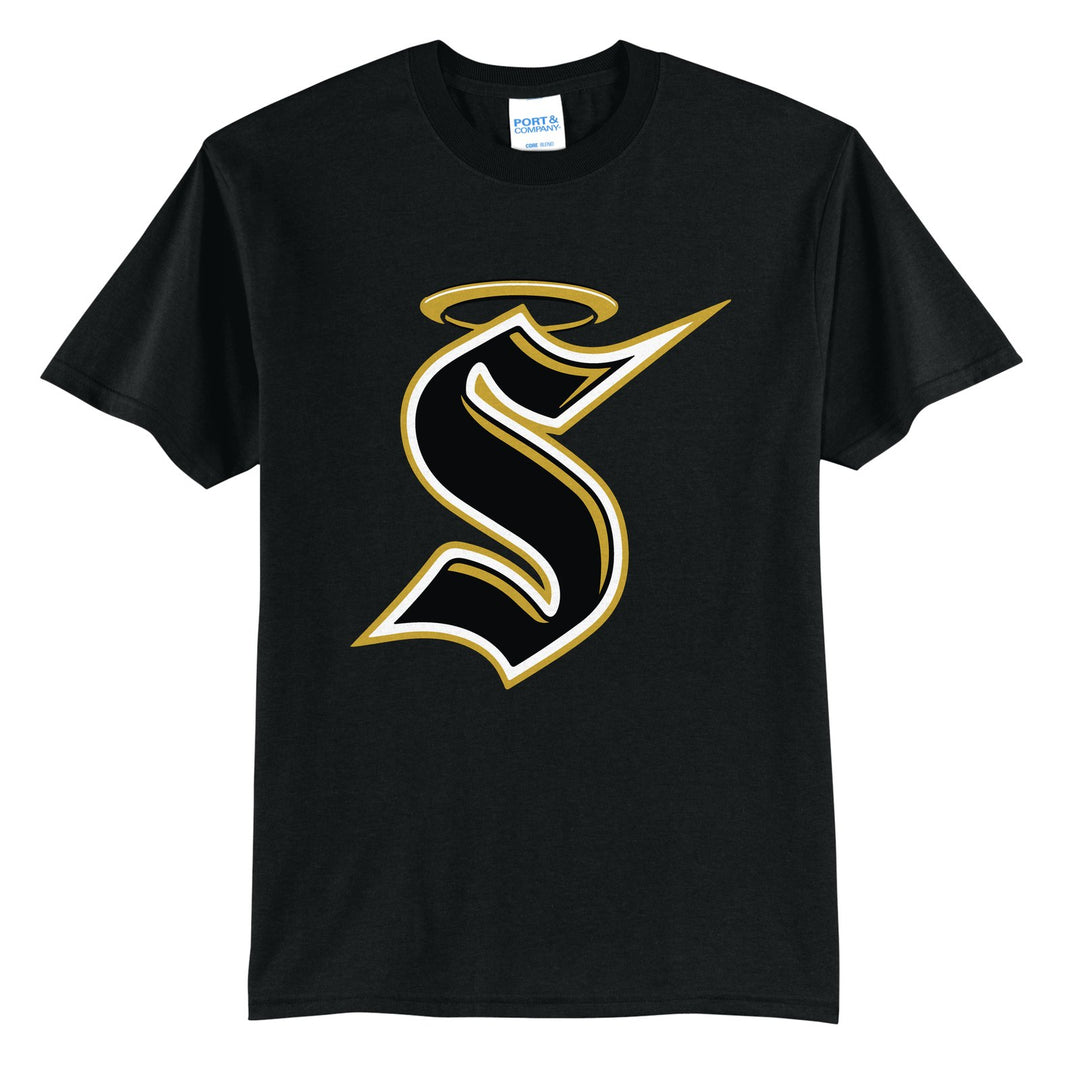 Berks Catholic Saints Halo S t-shirt in Jet Black: the big halo S monogram