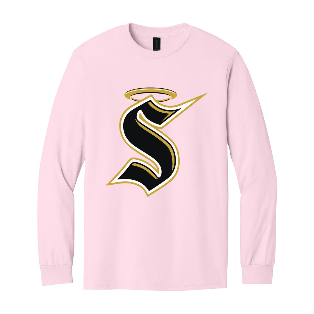 Berks Catholic Saints Halo S long sleeve t-shirt in Light Pink: the big halo S monogram