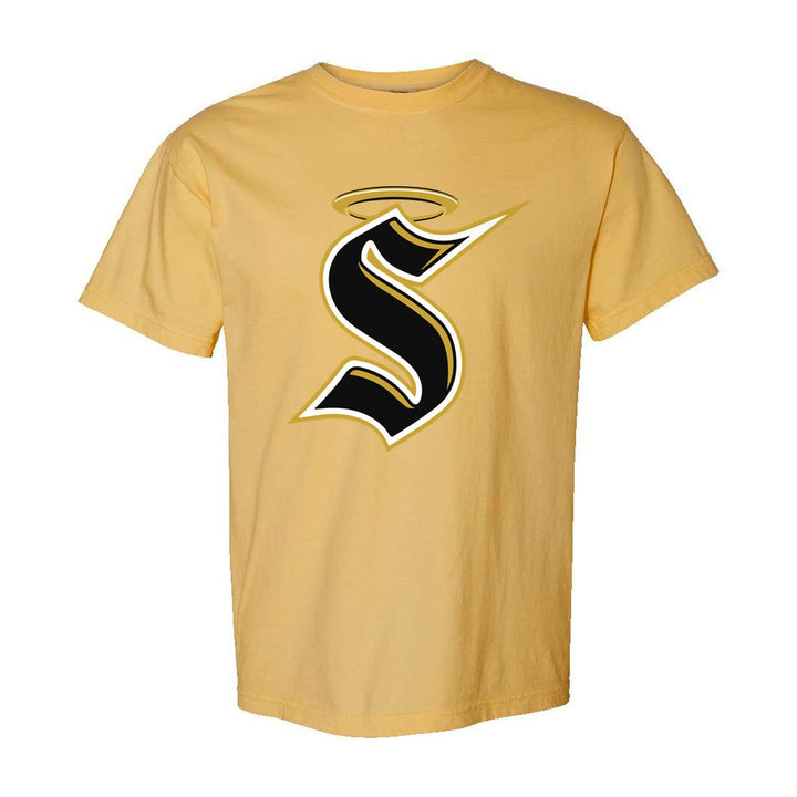Berks Catholic Saints Halo S comfort colors t-shirt in Mustard: the big halo S monogram