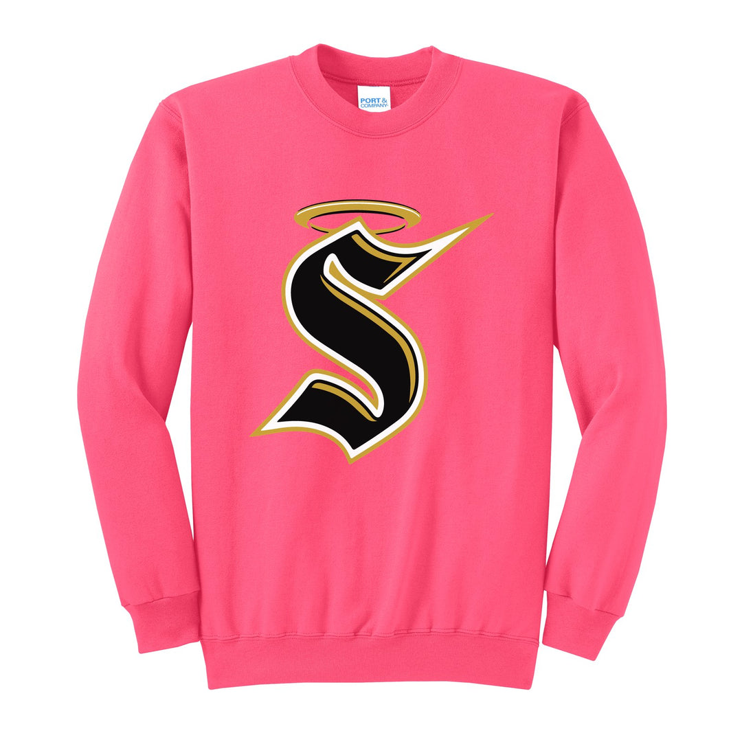 Berks Catholic Saints Halo S crewneck sweatshirt in Neon Pink: the big halo S monogram