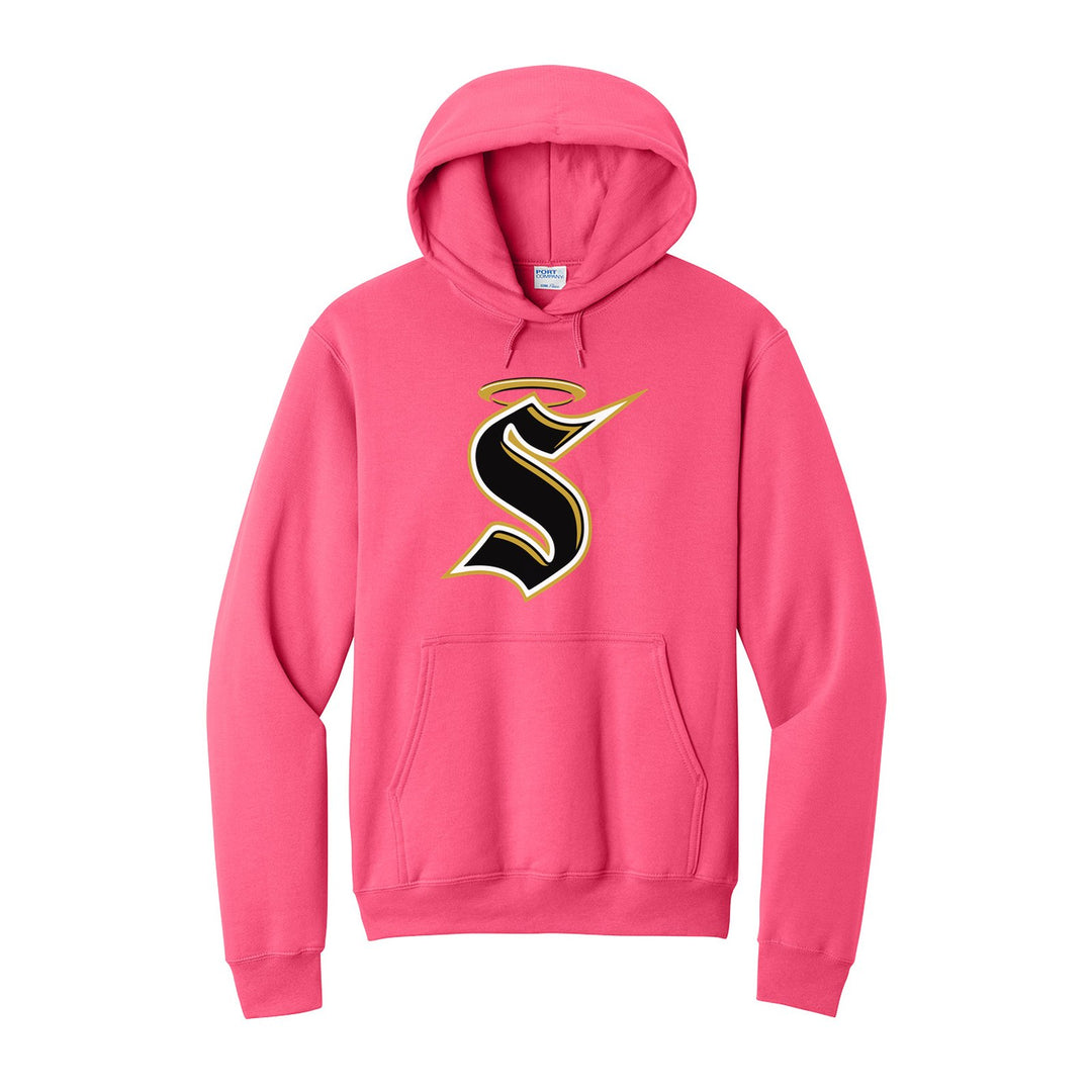 Berks Catholic Saints Halo S hoodie in Neon Pink: the big halo S monogram