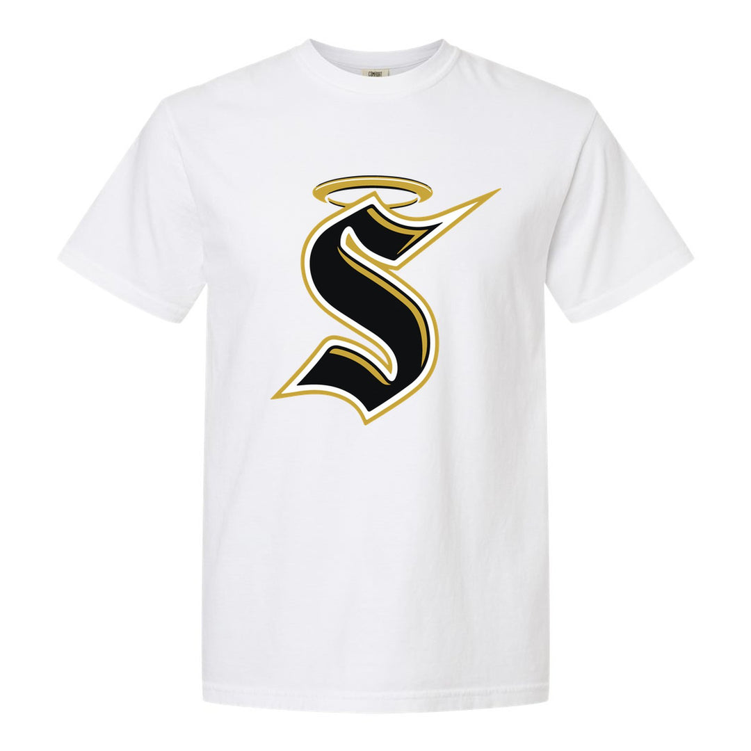Berks Catholic Saints Halo S comfort colors t-shirt in White: the big halo S monogram