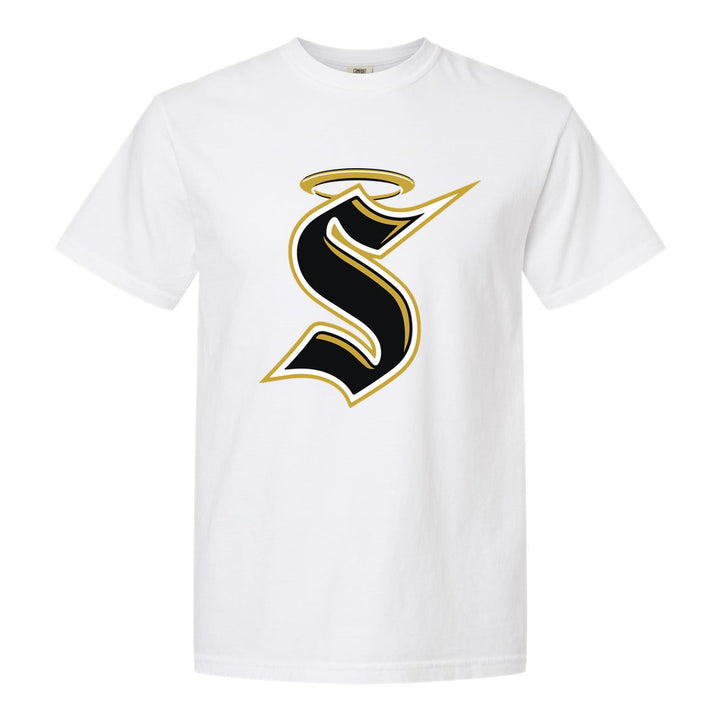 Berks Catholic Saints Halo S comfort colors t-shirt in White: the big halo S monogram