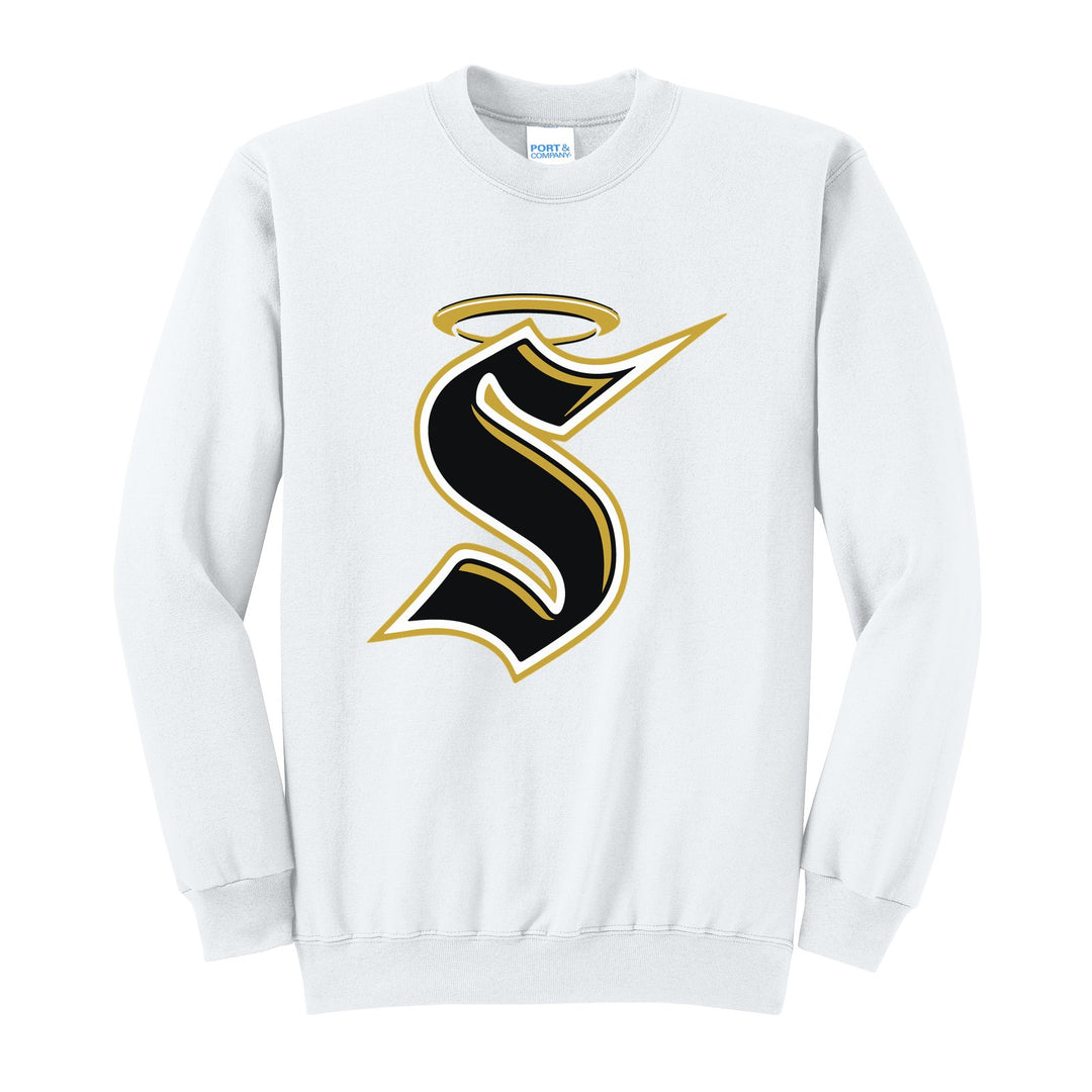 Berks Catholic Saints Halo S crewneck sweatshirt in White: the big halo S monogram