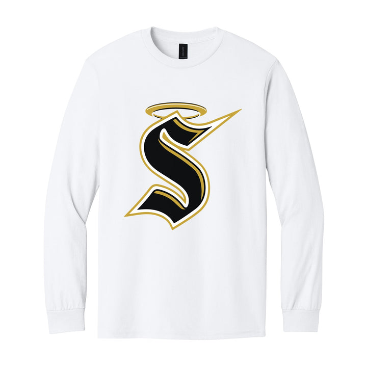Berks Catholic Saints Halo S long sleeve t-shirt in White: the big halo S monogram