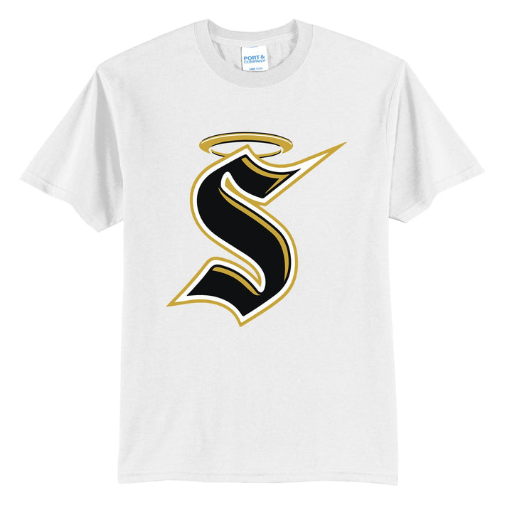 Berks Catholic Saints Halo S t-shirt in White: the big halo S monogram