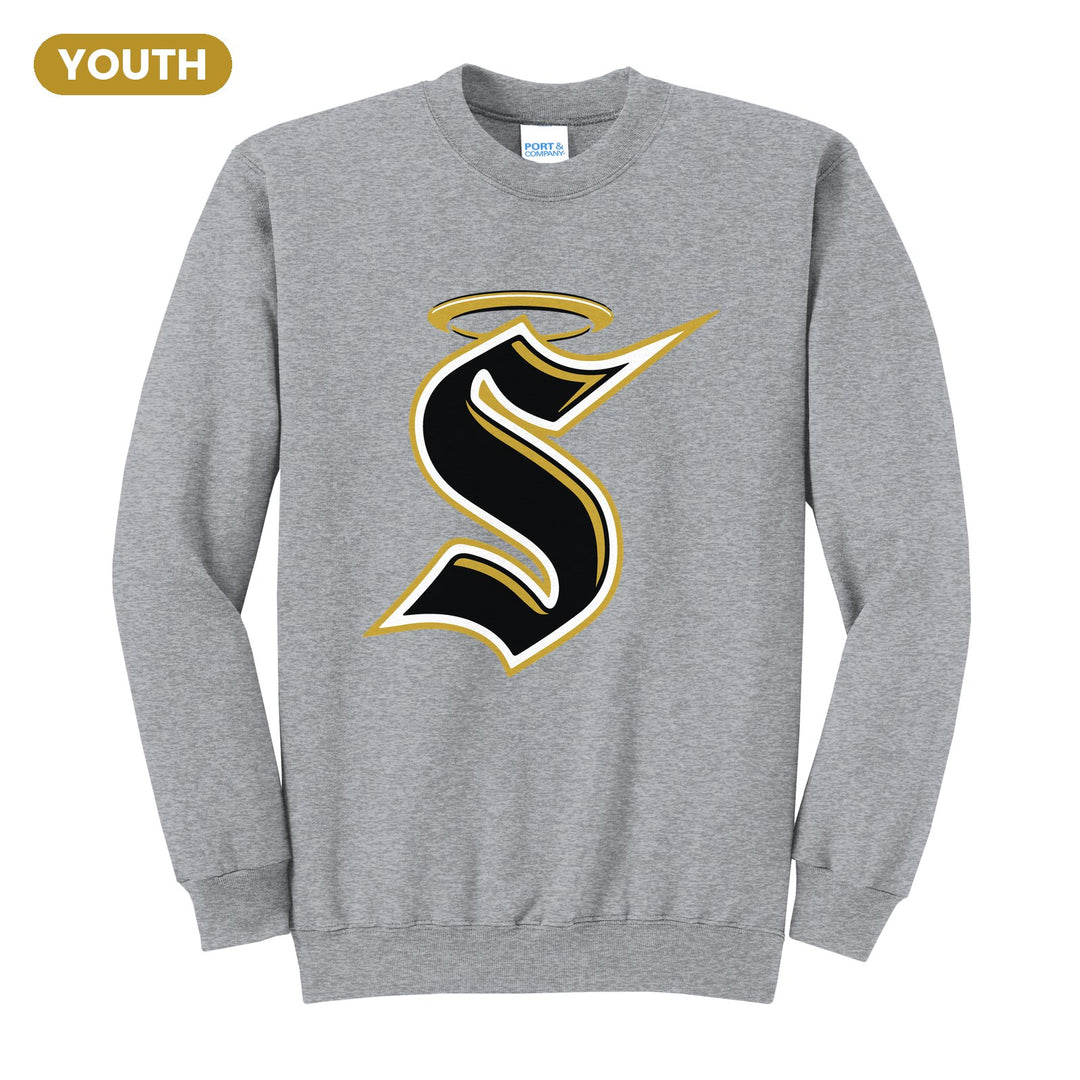 Berks Catholic Saints Halo S youth crewneck sweatshirt in Athletic Heather: the big halo S monogram