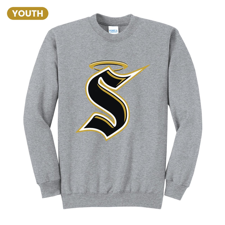 Berks Catholic Saints Halo S youth crewneck sweatshirt in Athletic Heather: the big halo S monogram