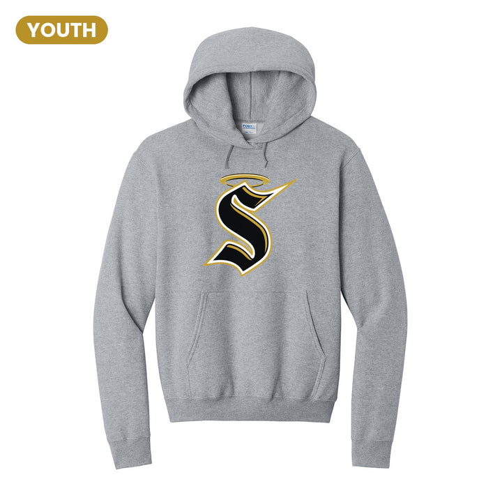 Berks Catholic Saints Halo S youth hoodie in Athletic Heather: the big halo S monogram