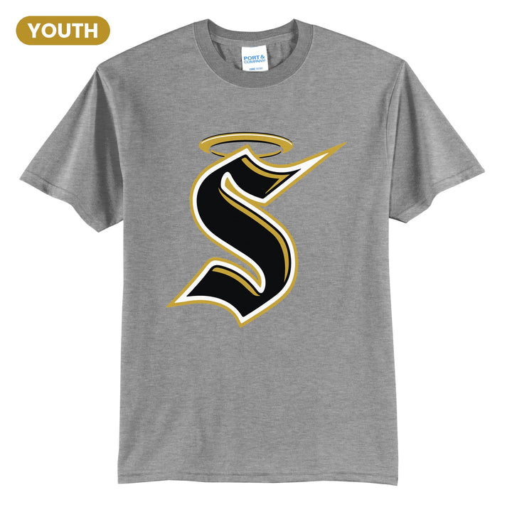 Berks Catholic Saints Halo S youth t-shirt in Athletic Heather: the big halo S monogram