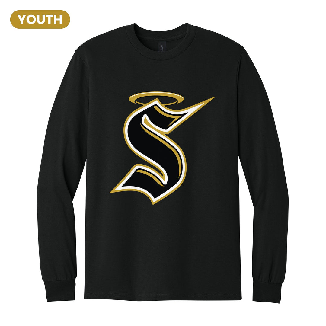 Berks Catholic Saints Halo S youth long sleeve t-shirt in Black: the big halo S monogram