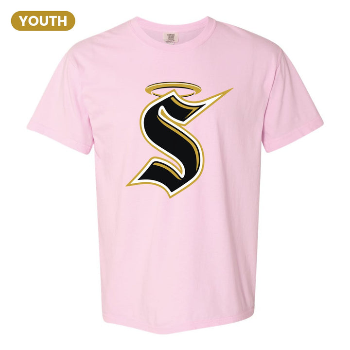 Berks Catholic Saints Halo S youth comfort colors t-shirt in Blossom: the big halo S monogram
