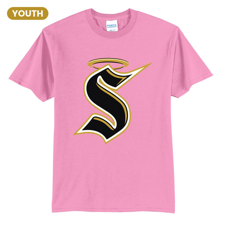 Berks Catholic Saints Halo S youth t-shirt in Candy Pink: the big halo S monogram