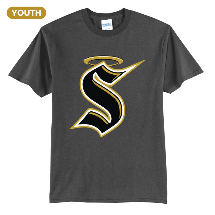 Berks Catholic Saints Halo S youth t-shirt in Charcoal: the big halo S monogram