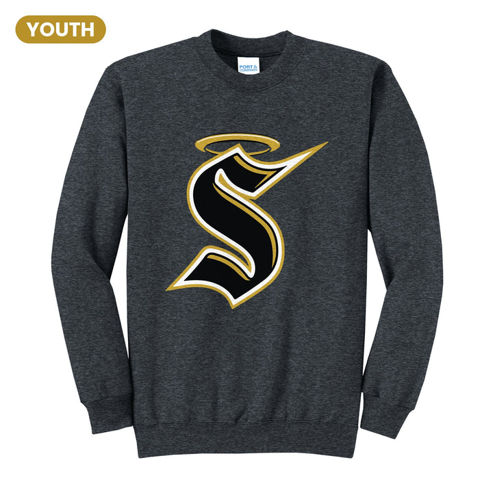 Berks Catholic Saints Halo S youth crewneck sweatshirt in Dark Heather Grey: the big halo S monogram