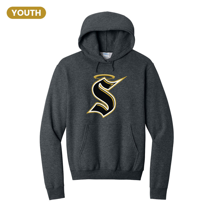 Berks Catholic Saints Halo S youth hoodie in Dark Heather Grey: the big halo S monogram
