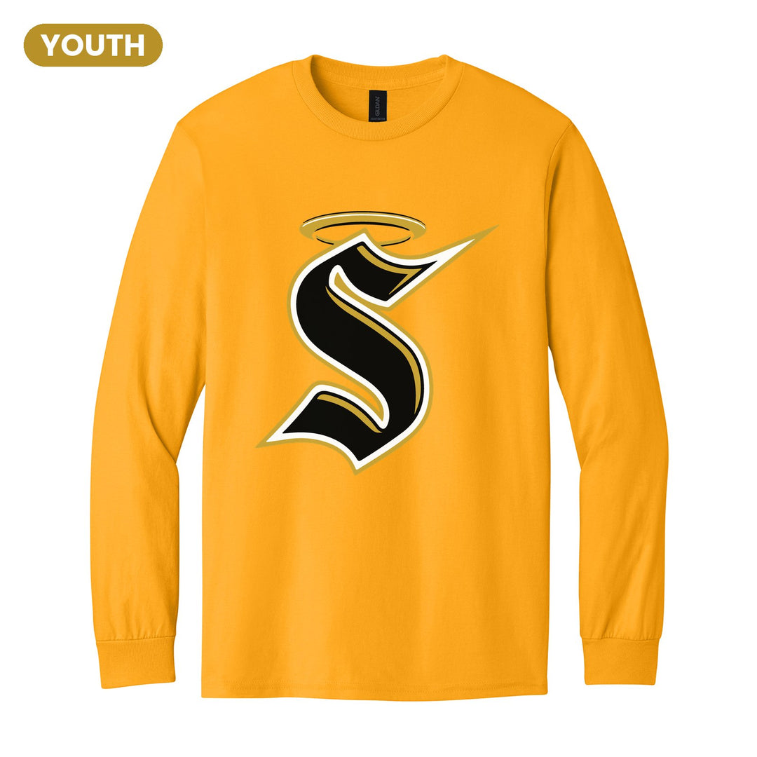 Berks Catholic Saints Halo S youth long sleeve t-shirt in Gold: the big halo S monogram