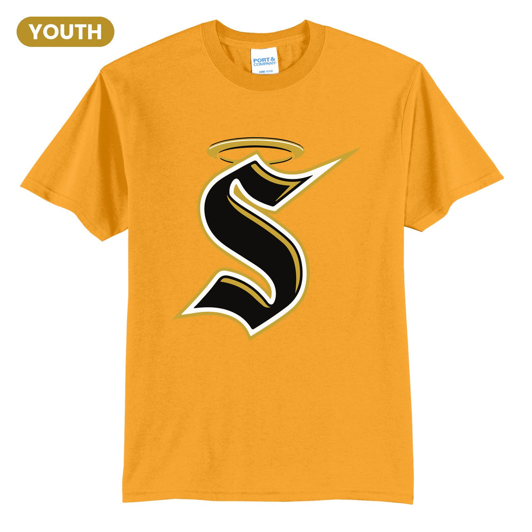 Berks Catholic Saints Halo S youth t-shirt in Gold: the big halo S monogram