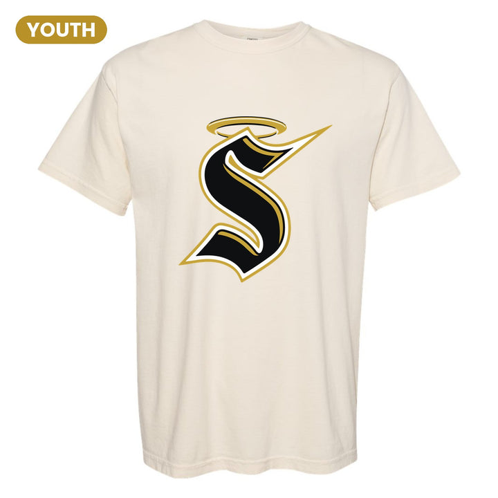 Berks Catholic Saints Halo S youth comfort colors t-shirt in Ivory: the big halo S monogram