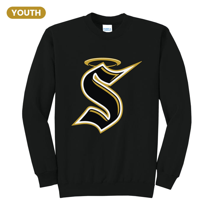 Berks Catholic Saints Halo S youth crewneck sweatshirt in Jet Black: the big halo S monogram