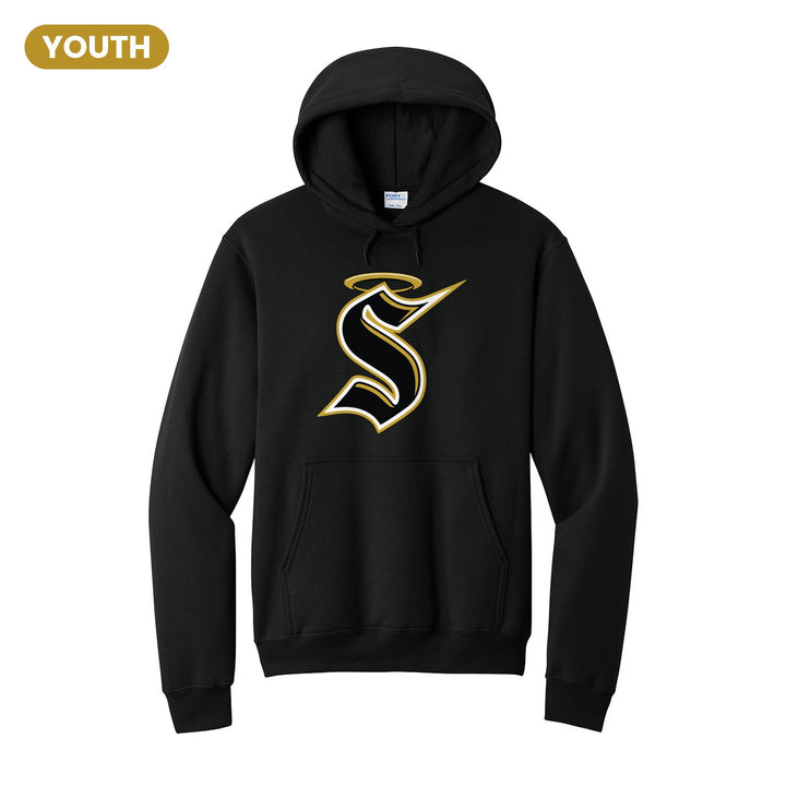 Berks Catholic Saints Halo S youth hoodie in Jet Black: the big halo S monogram