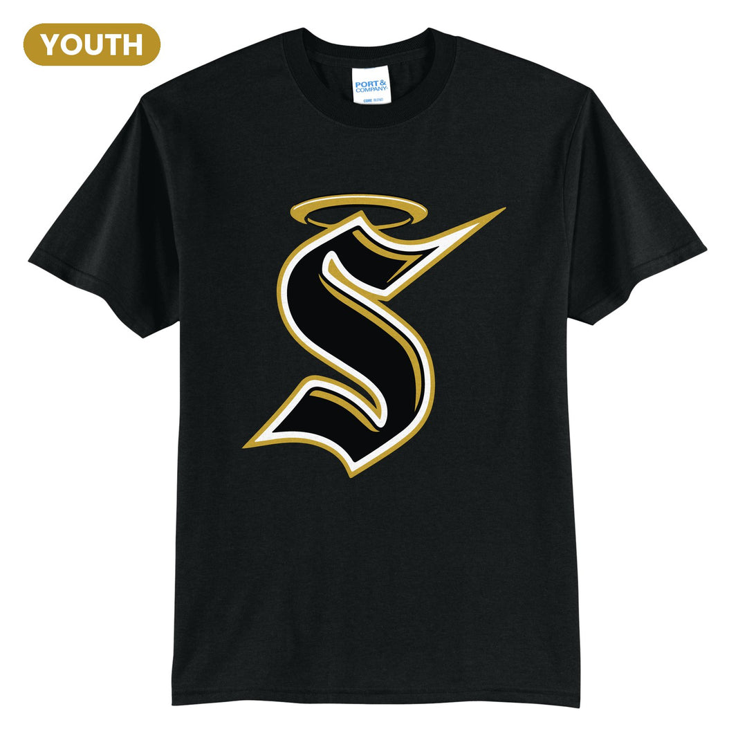 Berks Catholic Saints Halo S youth t-shirt in Jet Black: the big halo S monogram