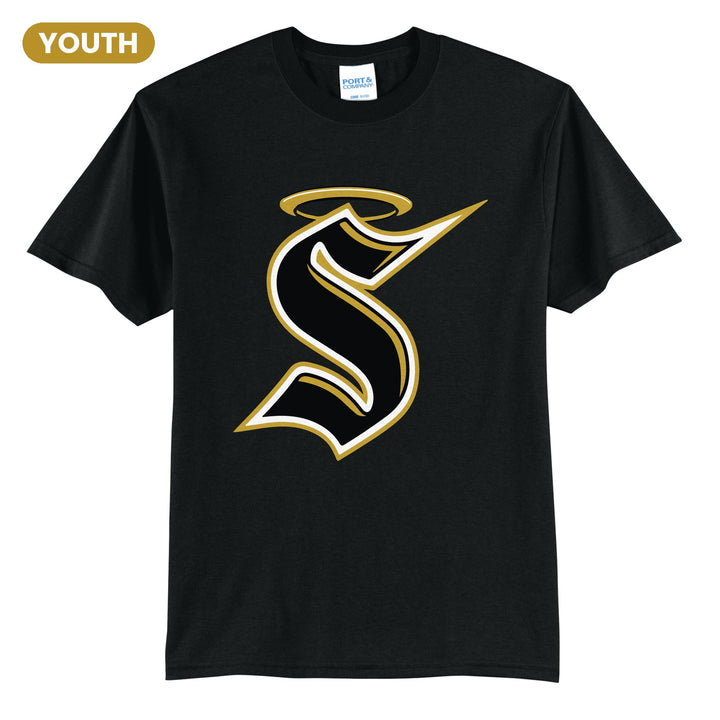 Berks Catholic Saints Halo S youth t-shirt in Jet Black: the big halo S monogram