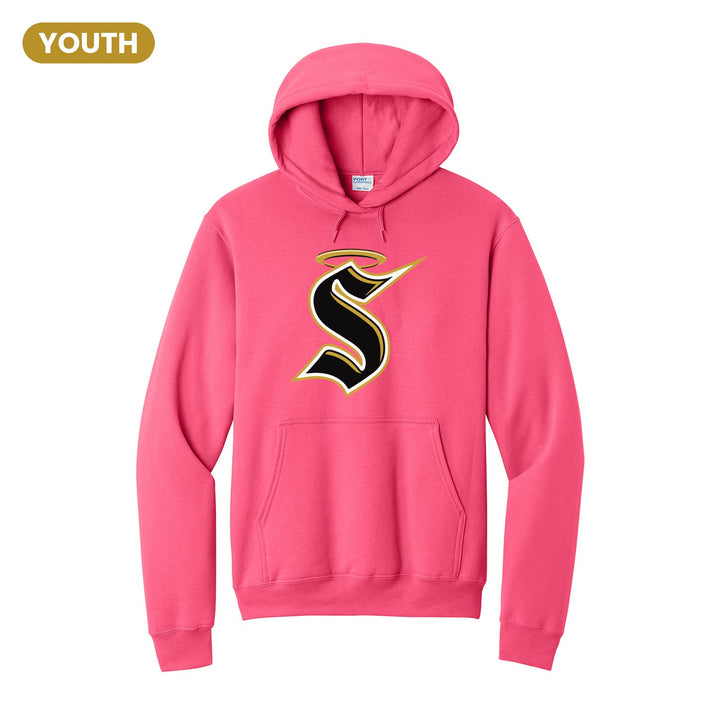 Berks Catholic Saints Halo S youth hoodie in Neon Pink: the big halo S monogram