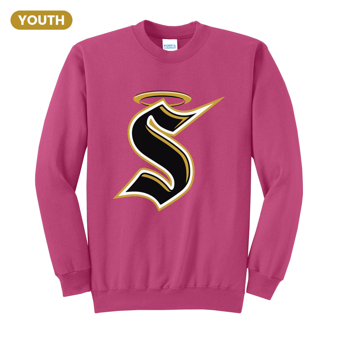 Berks Catholic Saints Halo S youth crewneck sweatshirt in Sangria: the big halo S monogram