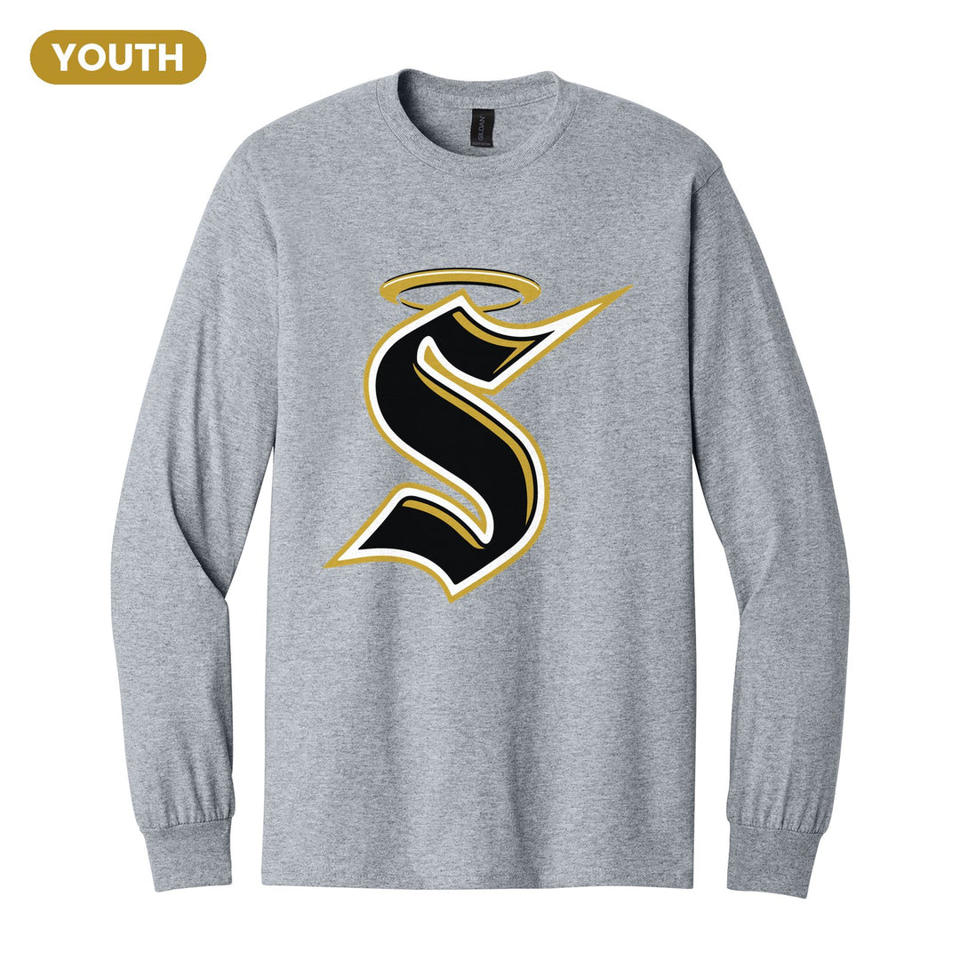 Berks Catholic Saints Halo S youth long sleeve t-shirt in Sport Grey: the big halo S monogram
